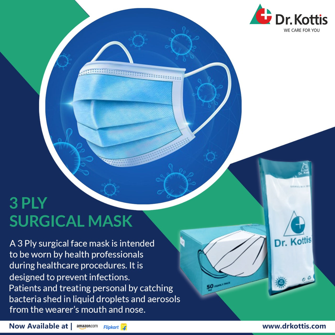 Dr. Kottis 3 ply surgical Mask without Meltblown : Pack of 50